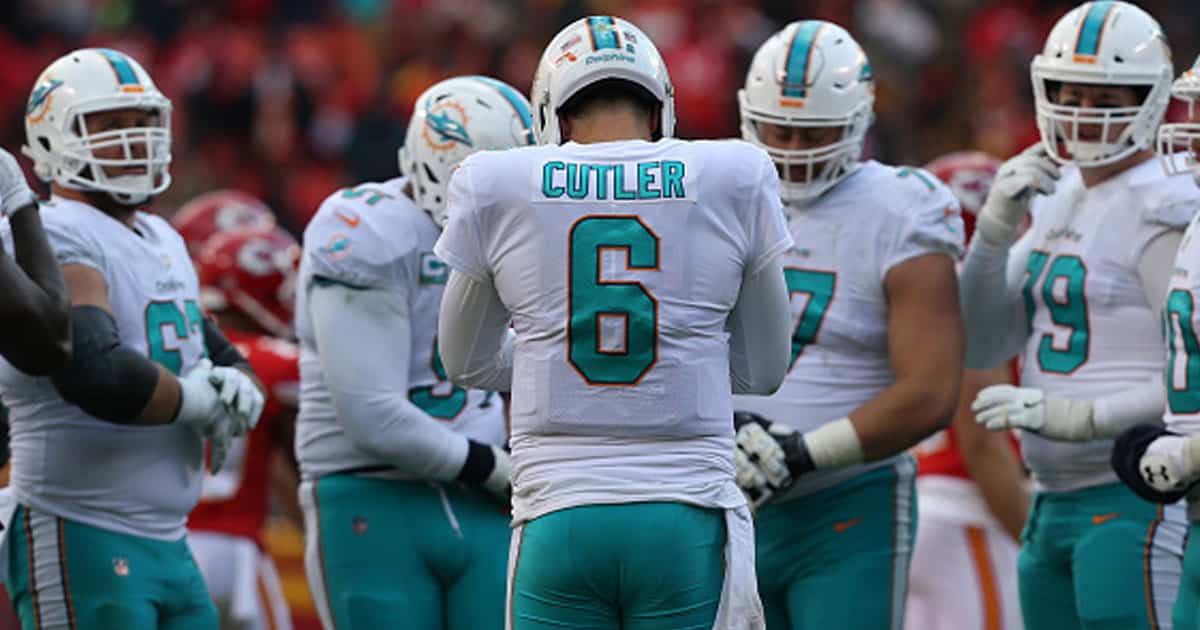 Jay Cutler (6) in the huddle in the third quarter of a week 16 NFL game between the Miami Dolphins and Kansas City Chiefs