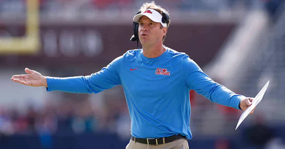 Lane Kiffin reacts during a college football game against the Liberty Flames