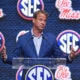 Lane Kiffin addresses the media during the SEC Football Kickoff Media Days