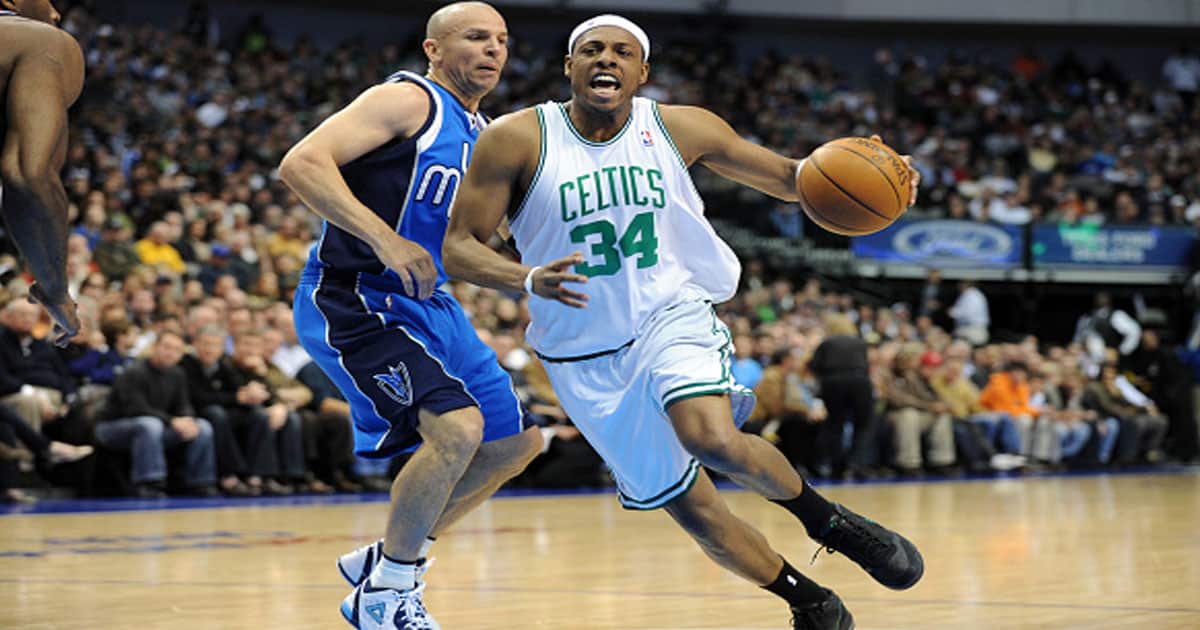  Paul Pierce #34 drives in to the lane past Dallas Mavericks guard Jason Kidd #2 and finished with 29 points during an NBA game between the Boston Celtics and the Dallas Mavericks