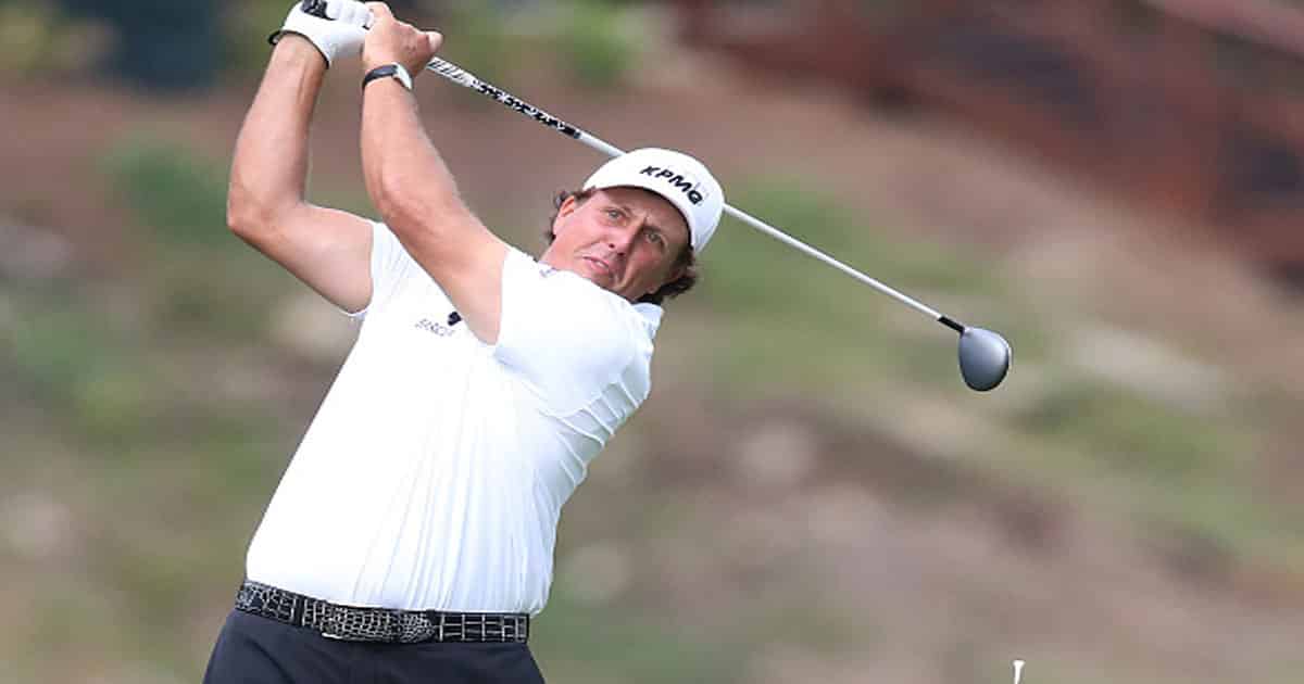 Phil Mickelson tees off on the 15th hole during the first round of the PGA Championship