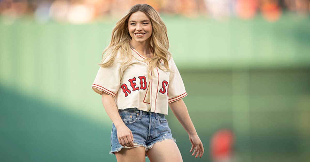 Sydney Sweeney throws a ceremonial first pitch ahead of a game between the Toronto Blue Jays and the Boston Red Sox